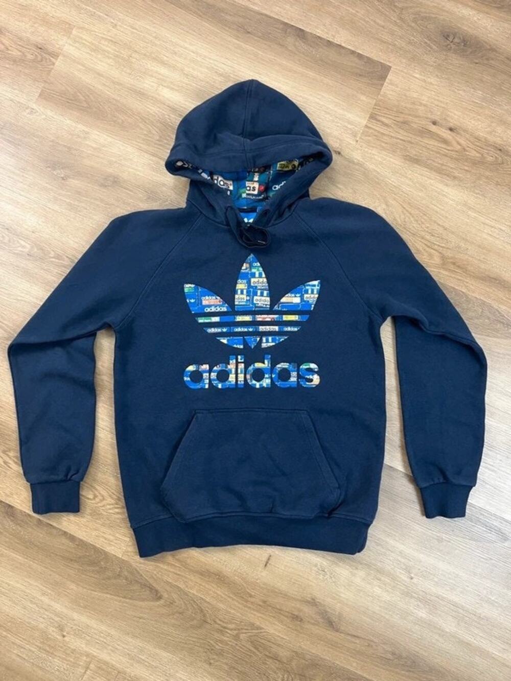 Adidas Originals Trefoil Hoodie Navy Fantasy Print Lining Sz S